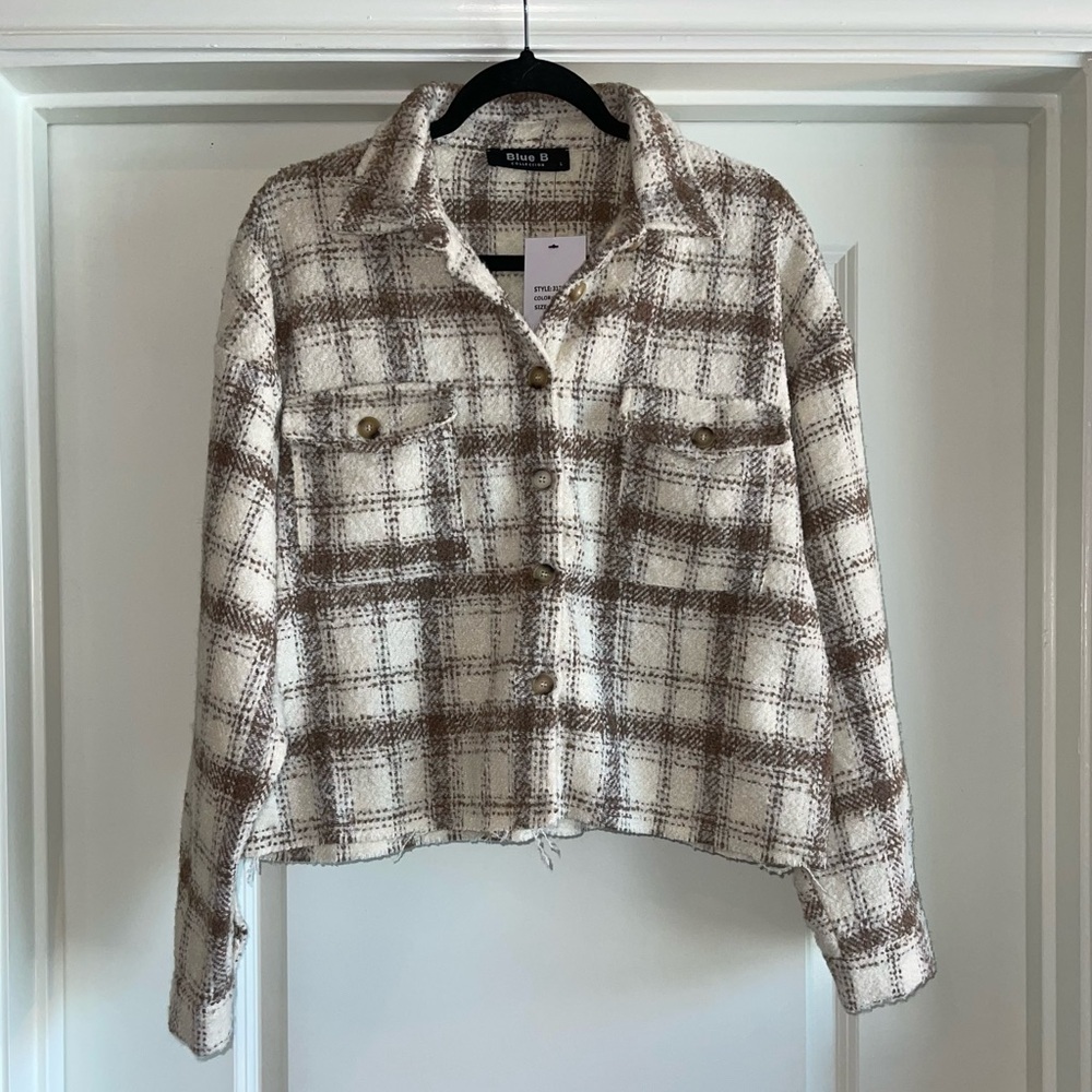 NWT Brown Ivory Plaid Shacket Large Blue B Collection